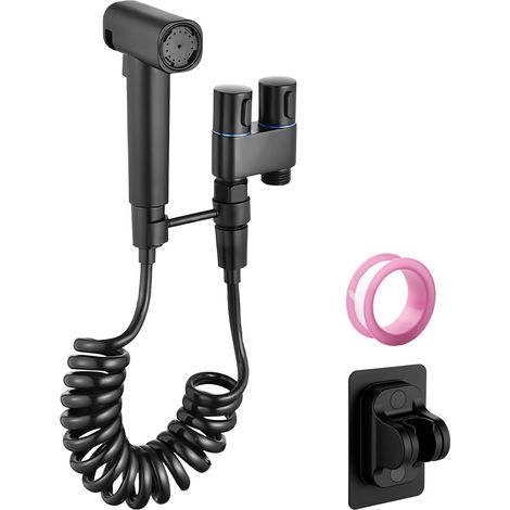 1 Douchette bidet, Acier inoxydable, Vanne double sortie, Noir, Pour salle de bain et balcon