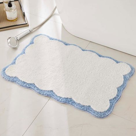 Tapis de bain de luxe en microfibre, tapis de bain blanc avec bordure ondulée bleue, adorable tapis de bain de préparation. (1/5)