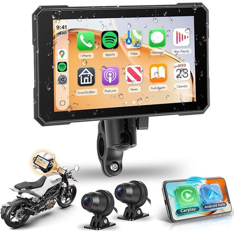 Portable Écran Moto avec 2 Caméras Avant et Arrière, 5 Pouces Ecran sans Fil pour Motocycle, IP68/Bluetooth/Navi/APP/Surveillance de la Pression des Pneus (1/5)