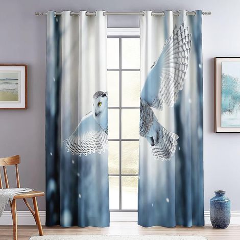 Occultants Chambre Scène de Neige en vol de Harfang des neiges Imprimé Rideau À Oeillets, Chambre Enfant Décoration De Fenêtre 140L X 260H cm (2 Panneaux) Isolant Et Tissu Blanc Gris - 140L X 260H cm (1/5)
