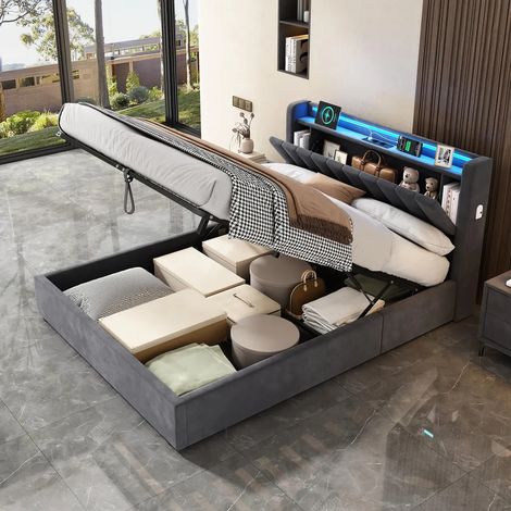 Lit coffre 140x200 cm - Cadre avec coffre et LED, boxspring aux coins arrondis et prises - Gris - Sans matelas
