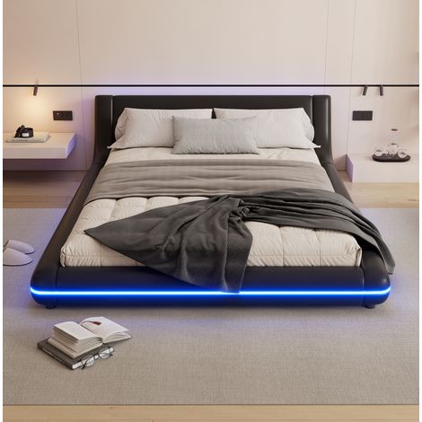 lit adulte chambre couchage LED 140x200 PU noir moderne OKMYHOME (1/5)