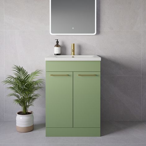 Napoli 460 Olive Green 600mm 2 Door Vanity Unit with Glide Basin - 600mm - Brushed Brass 160mm Handle