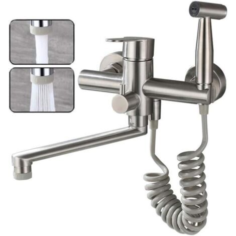 Robinet De Cuisine Montage Mural Tréfilage En Acier Inoxydable 304 De Qualité Alimentaire Avec Pistolet Et 2 Types De Jet D'eau évier Mitigeur Mural Pivotant à 360° Robinetterie (Nickel brossé) (1/5)