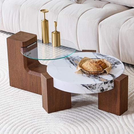 Lot de 2 tables basses gigognes rondes - Ø61/44cm - Plateau verre trempé et effet marbre avec pieds en L noyer - Noyer et Blanc (1/5)