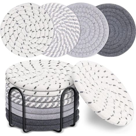 Dessous de Verre Ronds en Coton Tissés - Lot de 8 Antidérapants avec Support pour Boissons, Tasses, Bar, Café