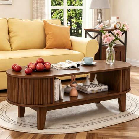 Meuble Table Basse,Table d'appoint, table de canapé 100 x 50 x 40.5, avec 2 tiroirs et compartiment ouvert, pour salon, chambre à coucher, Courbé (1/2)