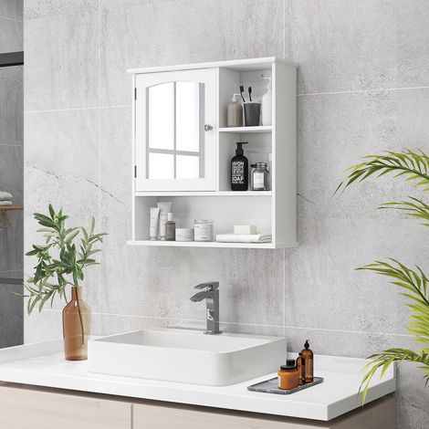 Meuble de salle de bain avec miroir, grand espace de rangement, meuble mural avec étagère intérieure réglable et étagères ouvertes, 60 x 18 x 63 cm, blanc (1/5)