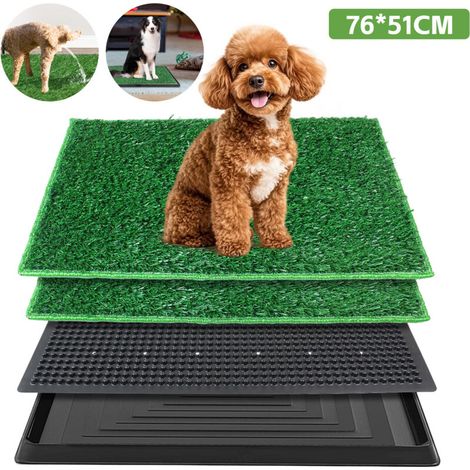 MétalLitiere Chien 76 x 51cm, Tapis d'apprentissage du Pipi pour Chiot, Toilette Chien avec Deux Tapis en Gazon Artificiel et Un Bac à Déchets pour L'intérieur et L'extérieur