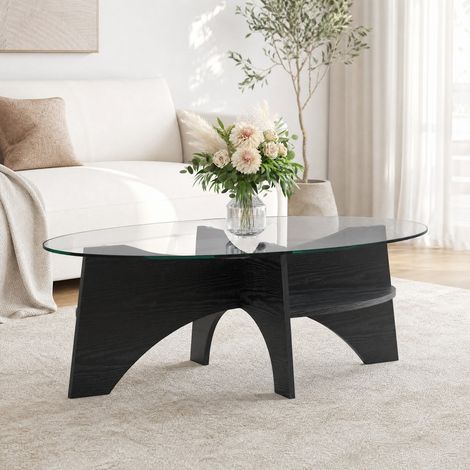 Tavolino basso ovale 104,9x60x35,6 cm nero e trasparente, piano in vetro temperato, MDF MEUBLIV (1/5)
