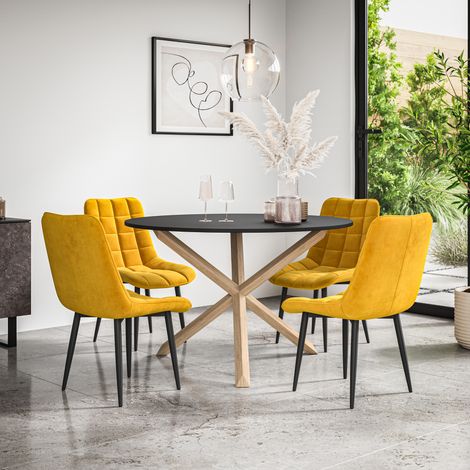 Malvern Round Dining Table And Chairs - Black Table Top w Solid Oak Legs + Nova Velvet Dining Chair Set Of 4 (Mustard) (1/5)