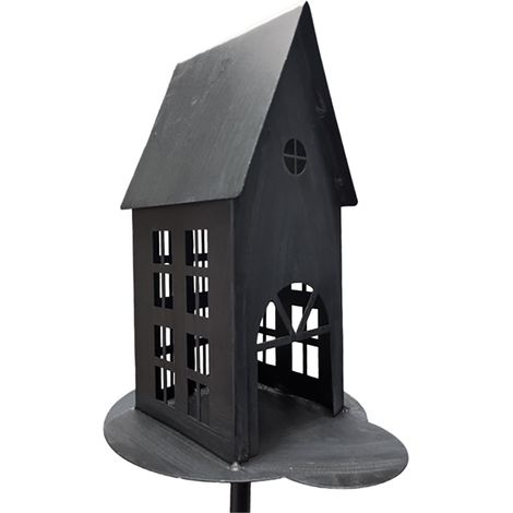 Metall Gartenstecker Haus in anthrazit - H 75 cm - Gartendeko Beetstecker Windlicht - Frühling Sommer Blumenbeet Deko Laterne Metallstecker mit Erdspieß