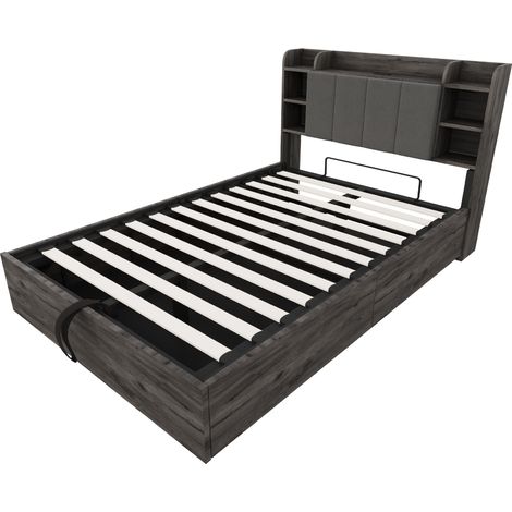 Lit en bois, 140 x 200 cm, lit hydraulique, tête de lit avec rangement, équipé d’un port USB et d’une prise Type-C, lit double, lit simple, gris (sans matelas) (1/5)