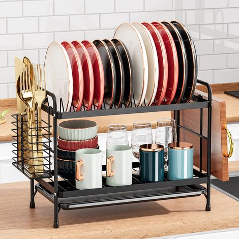 Égouttoir à Vaisselle 2 Niveaux en Métal Noir, avec Bac de Vidange, Panier à Couverts et Porte-Planche, pour Assiettes, Verres et Ustensiles de Cuisine