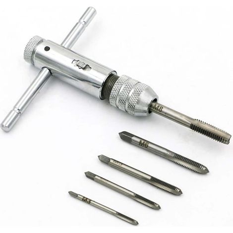 Jeu de tarauds à cliquet avec poignée en T réglable et tarauds métriques en acier avec 1 clé à tarauder + 5 tarauds M3-M8 (3 mm-8 mm) Filetage métrique en T (1/5)