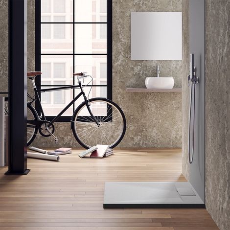 Receveur de douche carré 80x80 en SMC Effet Pierre Couleur Gris Antidérapant et Réductible Hauteur 3,2cm Mod. Cosmos (1/3)