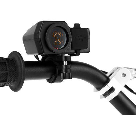 Toma doble USB de carga rápida 3.0 para motocicleta Biketec con voltímetro e indicador de temperatura exterior, montaje en el manillar. (1/4)