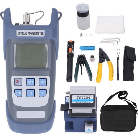 Kit de raccordement fibre optique avec puissancemètre, pince à dénuder monofibre et outil de coupe pour terminaison (1/5)