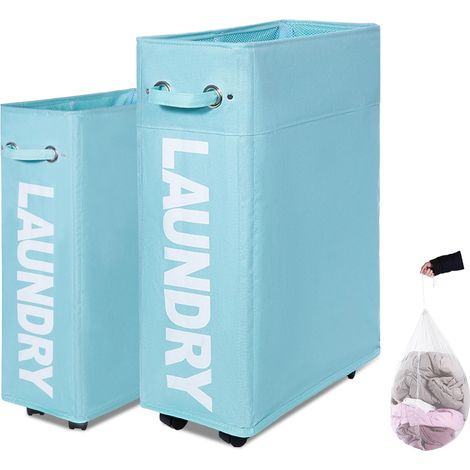 1 Panier à linge, 70L, métal, pliable, roulettes, frein, salle de bain
