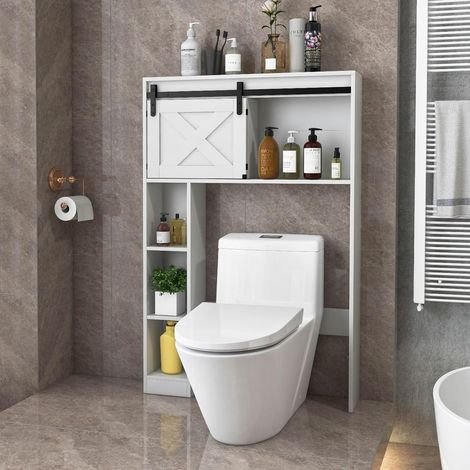 Costway – Meuble WC au-dessus de toilettes en bois – Étagère de salle de bains avec 3 étagères et 2 placards – Dimensions 84 x 17 x 128 cm – Surface résistante à l'eau (1/5)