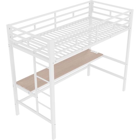 Lit mezzanine 90 x 200 cm en métal blanc avec bureau, échelle, garde-corps, LED et ports USB (1/5)