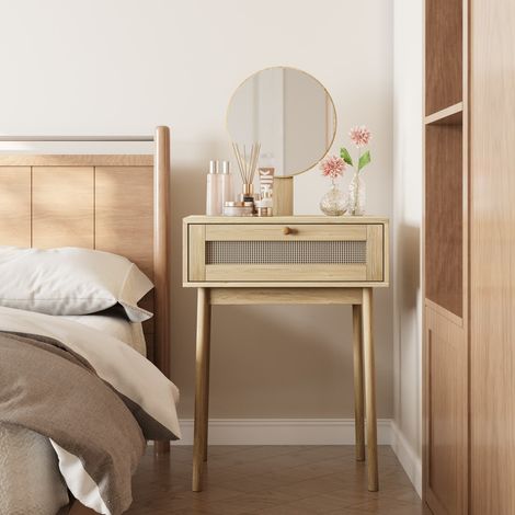 Coiffeuse en rotin compacte 60×50×128cm avec miroir pour petite chambre, sans tabouret de maquillage, couleur chêne (1/5)