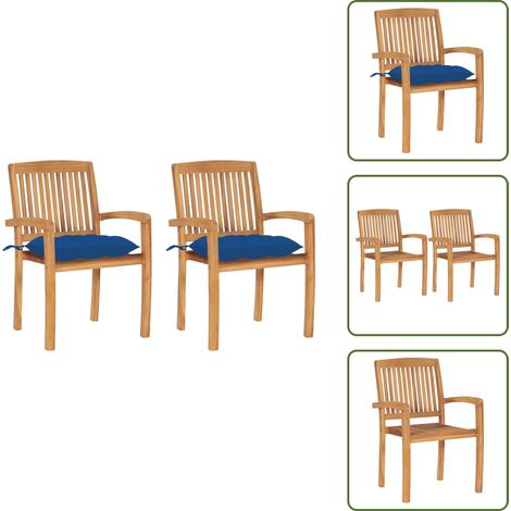 The Living Store Gartenstühle 2 Stk. mit Blauen Kissen Massivholz Teak - Holzstühle (1/5)