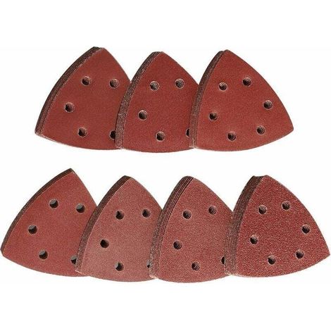70-teiliges Set selbstklebender, dreieckiger Schleifpads mit 6 Löchern, Körnungen 60/80/120/180/240/320/400. Packung mit dreieckigem Schleifpapier für Dreieckschleifer. (1/4)