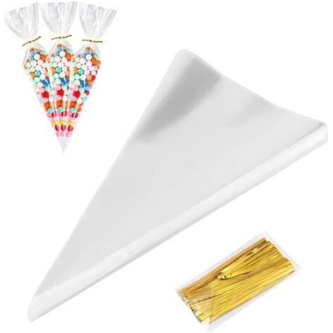 QORVA-Lot de 100 sachets à bonbons transparents - 25 x 13 cm - Avec 100 attaches - En cellophane transparent - Pour bonbons, chocolat, biscuits, pop-corn (1/5)
