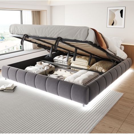 Letto contenitore adulto 180x200 cm con LED, senza testiera, in velluto, grigio, senza materasso (1/5)