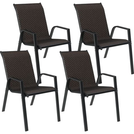 Lot de 4 chaises de jardin empilables marron avec accoudoirs, fauteuils d’extérieur en résine tressée (1/5)