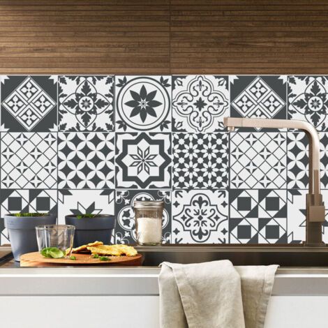 Stickers Cuisine et Salle de Bain 20cm x 20cm - 20 pièces, Adhesif pour Carrelage Mural, Imitation Faience, Imitation Carreaux de Ciment - Applicateur Pose Facile Offert - Nuances de Gris