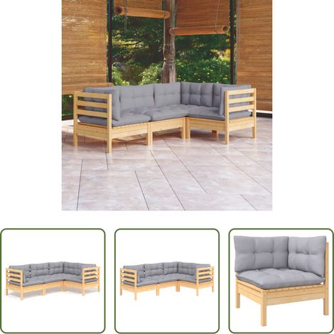 Holzsofa - 4-tlg. Garten-Lounge-Set mit Grauen Kissen Kiefernholz (1/5)