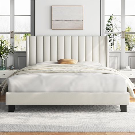 Yaheetech Lit Double Rembourré avec Sommier à Lattes, Cadre de Lit Moderne pour Adultes 2 Personnes, Tête de Lit à Rayures, Lit en Bois et Métal, Beige,160x200 cm