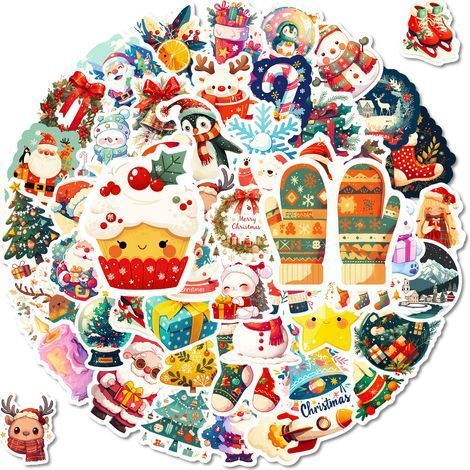 100 autocollants de Noël à motifs : bonnets de Père Noël et rennes – Autocollants décoratifs à faire soi-même pour cahiers, réfrigérateurs, valises – Cadeaux de Noël imperméables (1/5)