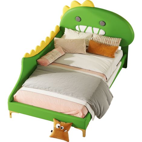 Lit enfant 90x200 en cuir régénéré vert, tête de lit dinosaure cartoon, sommier à lattes, design ludique pour chambre enfant, deux colis, CHICFURN (1/5)