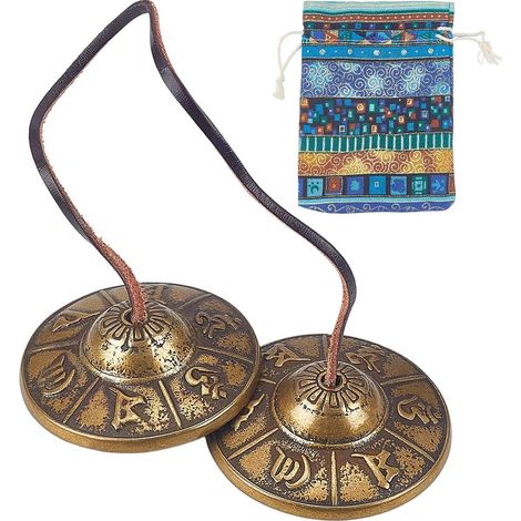 Cloches Tibétaines Tingsha Cymbales Carillon de Méditation avec Sac en Tissu Tibétain à Cordon, 6.6cm Instrument de Percussion pour Doigts Yoga en Laiton pour Pratique de Bain Sonore (1/5)