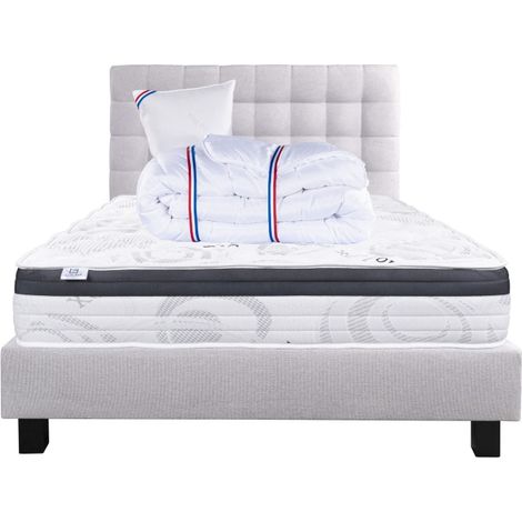Ensemble Matelas Sleeplux, 26 cm, mousses haute densité, ferme, face été/hiver+sommier gris ep20cm+oreiller+couette+Tête de Lit, 90x190cm (1/5)