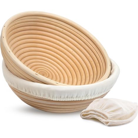 Banneton Juego de 2 cestas redondas de ratán para pan, 22,9 cm, con forro de tela. (1/5)