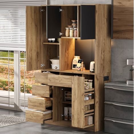 MODFU – Buffet cuisine 185x105x40 cm MDF – LED multicolore, USB Type-C et casier bouteilles – Charge 30 kg – Cuisine – Noir/naturel (1/5)