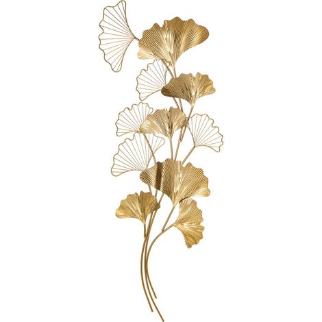 DECORAZIONE MURALE 3D IN METALLO WALL ART DORATA CON FOGLIE DI GINKGO 138X70CM (1/5)