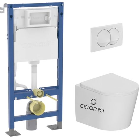 Pack WC bâti-support autoportant Duofix 112cm + WC suspendu sans bride + abattant SoftClose + plaque blanche (CETORGEBX-SP) (1/5)