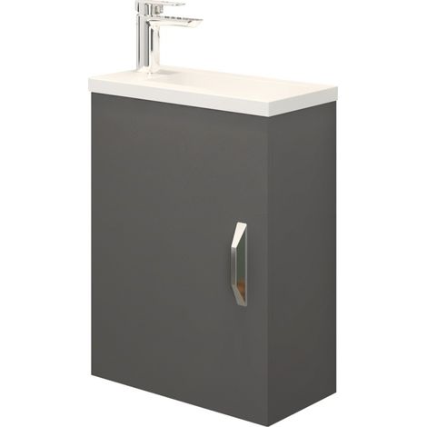 Meuble lave-mains 1 porte réversible 40x54x22cm – Plan vasque résine 40x22cm – Poignée métallique – Finition gris anthracite – Anconetti (1/3)