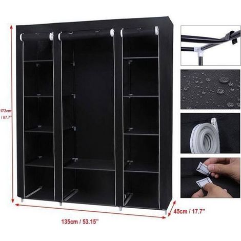Armoire de Rangement en Tissu 12 Portes - 135 x 45 x 172 cm - Avec Tringle à Vêtements et Étagères - Pour Chambre, Dressing (Noir) (1/5)