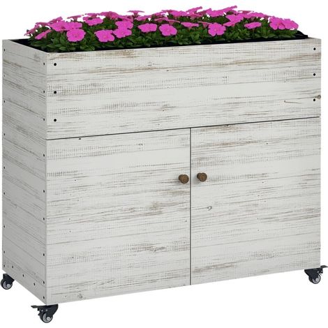Macetero elevado con ruedas estilo vintage blanco – Huerto con almacenaje y forro interior, 110x50x95 cm (1/5)