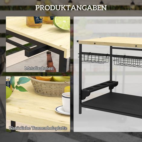 Chariot de jardin 2 étages pour barbecue, trolley de service avec panier de rangement et porte-gobelets en pin, idéal pour grillades en extérieur et cuisine (1/5)
