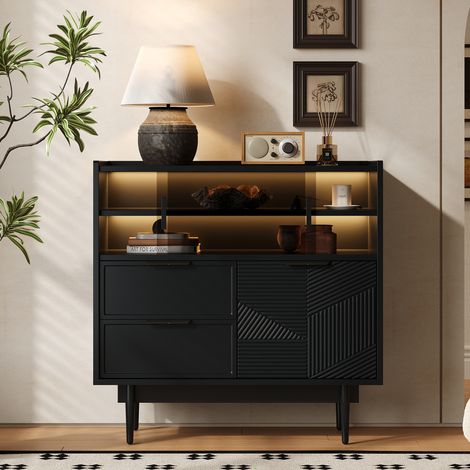 Sideboard mit Lichtleiste, 80 x 35 x 80 cm, Glastür, LED, Schwarz HAVRYA (1/5)