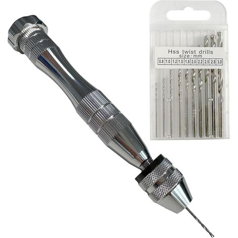 Mini perceuse de précision manuelle compacte, 10 forets 0,8–3 mm, mini drill pin vise, outil DIY bijoux, bricolage, modélisme, perles, bois, plastique, acier inox, résine époxy, portable et résistant (1/5)