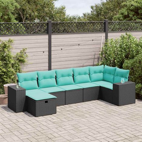 Salon de jardin 7 pièces avec coussins bleus, résine tressée noire et rangement - PANGIVO (1/5)