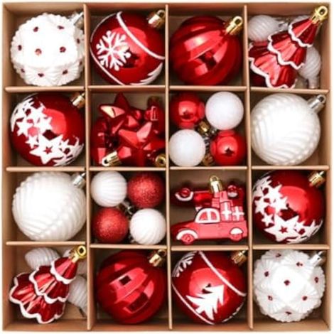 42 boules de Noël décoratives pour sapin, boules en plastique incassables et réutilisables conçues pour une décoration de Noël durable (rouges et blanches) (1/5)
